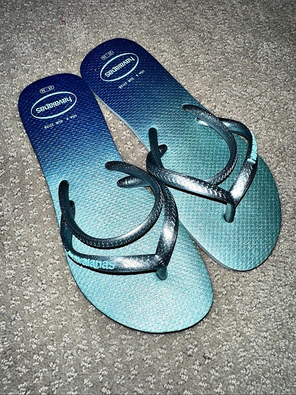 New! Havaianas Flat Duo Iridescent Flip Flops in Azul Water Blue